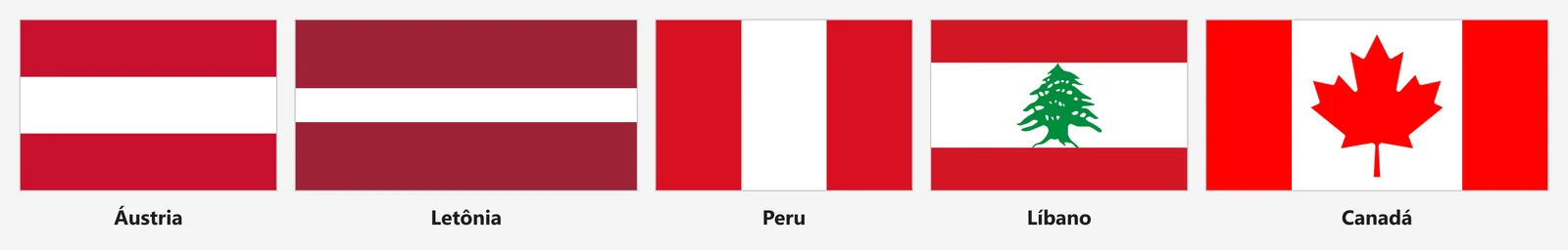 Bandeiras de Áustria, Letônia, Peru, Líbano e Canadá lado a lado