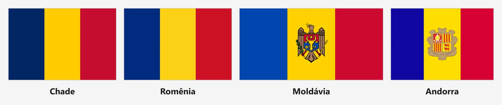 Bandeiras de Chade, Romênia, Moldávia e Andorra lado a lado