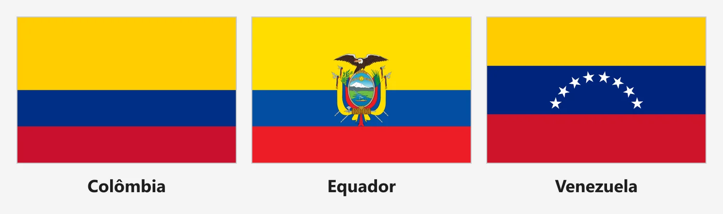 Bandeiras de Colômbia, Equador e Venezuela lado a lado