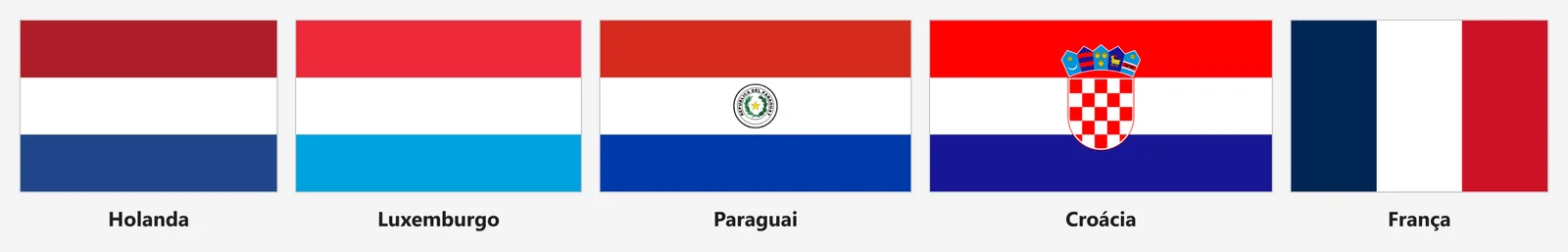 Bandeiras de Holanda, Luxemburgo, Paraguai, Croácia e França lado a lado