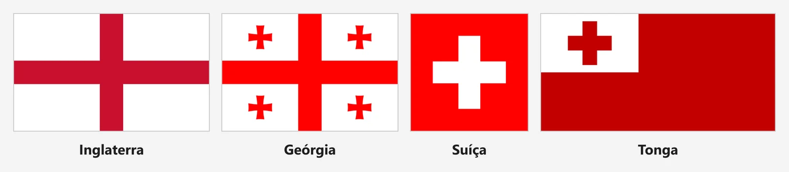 Bandeiras da Inglaterra, Geórgia, Suíça e Tonga lado a lado