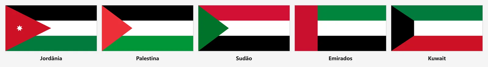 Bandeiras de Jordânia, Palestina, Sudão, Emirados Árabes e Kuwait lado a lado