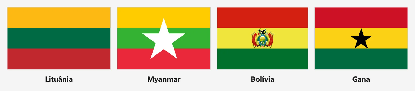 Bandeiras de Lituânia, Myanmar, Bolívia e Gana lado a lado