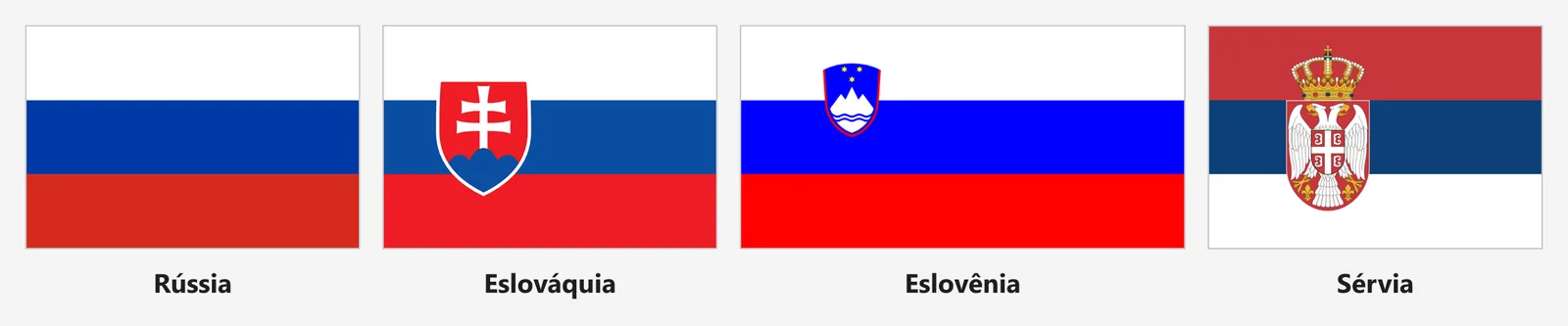 Bandeiras de Rússia, Eslováquia, Eslovênia e Sérvia lado a lado