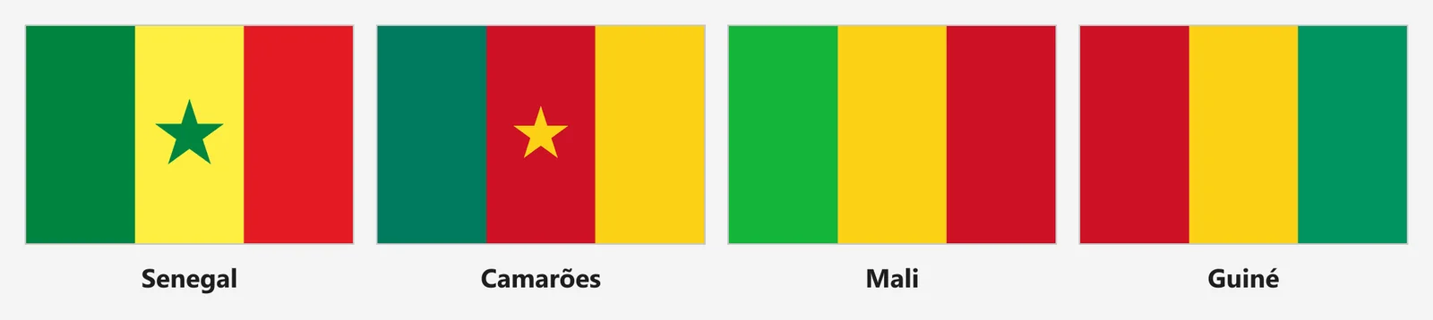 Bandeiras de Senegal, Camarões, Mali e Guiné lado a lado
