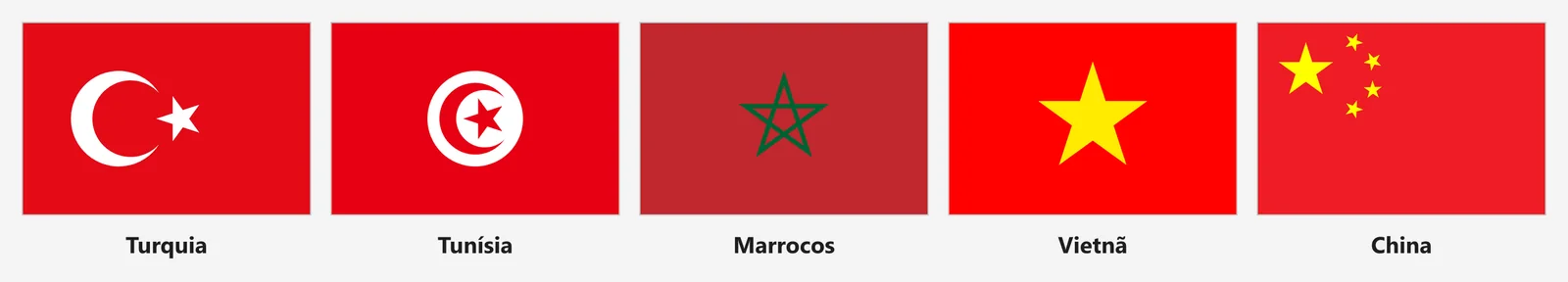 Bandeiras de Turquia, Tunísia, Marrocos, Vietnã e China lado a lado