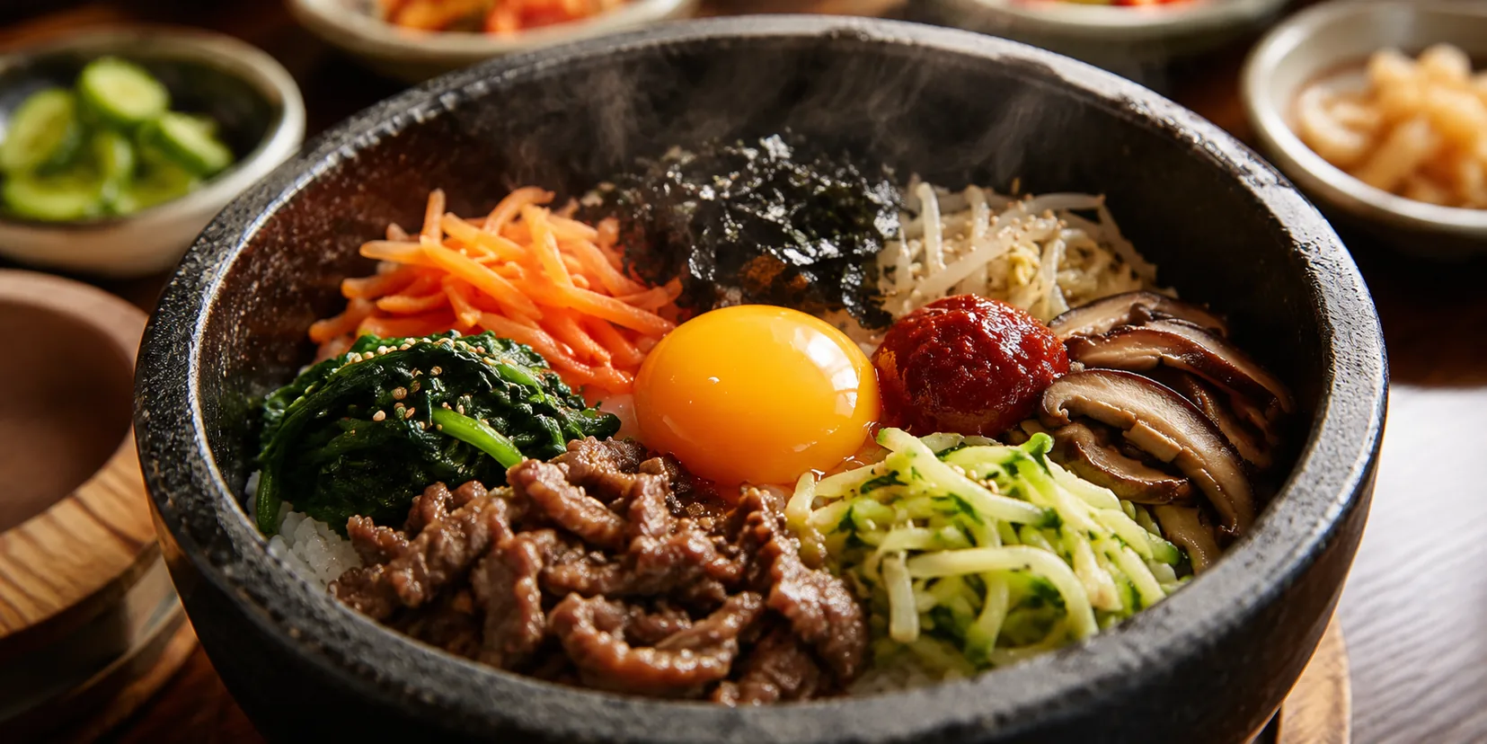 Bibimbap, tigela de arroz coreano com legumes, ovo e carne