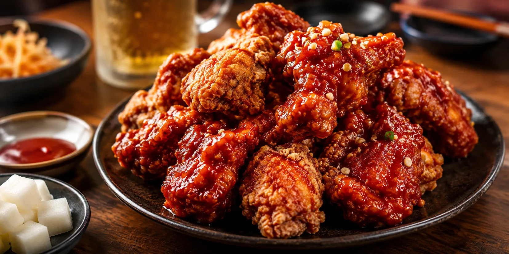 Frango frito coreano crocante coberto de molho