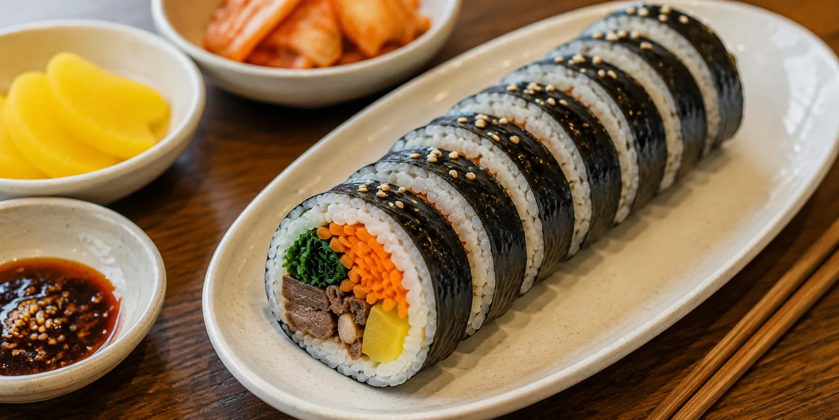 Kimbap, rolinho coreano de arroz e alga recheado