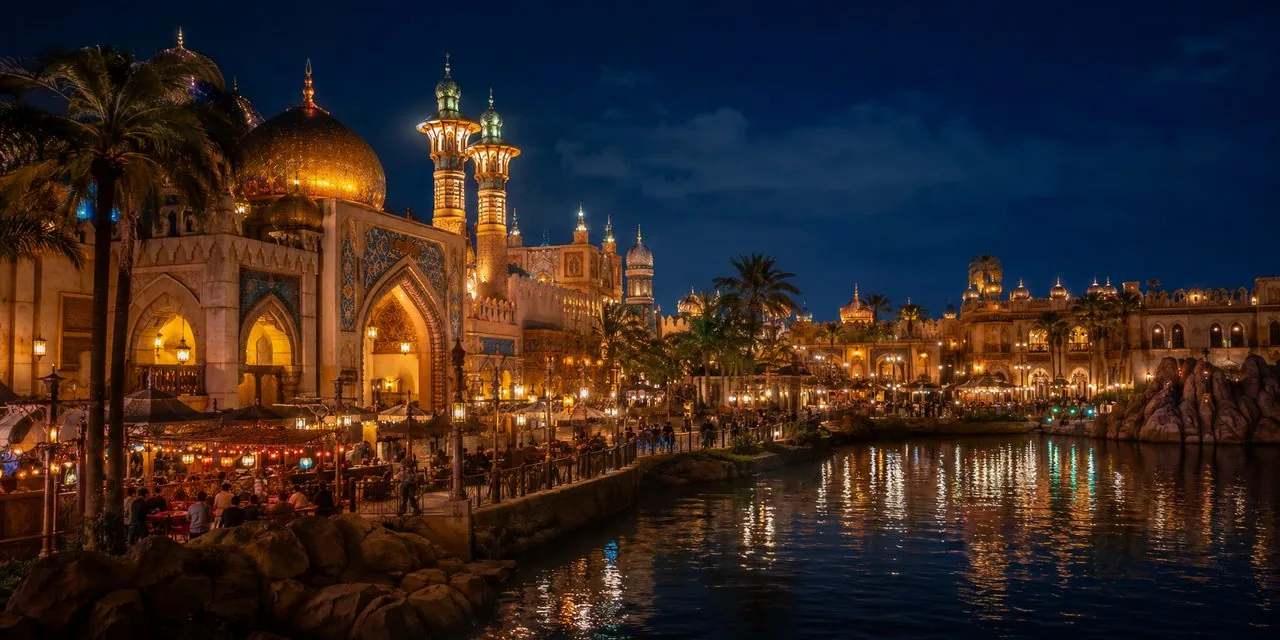 A Arabian Coast do Tokyo DisneySea iluminada à noite