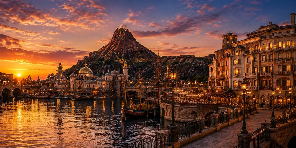 A Mediterranean Harbor e o vulcão Monte Prometheus no Tokyo DisneySea