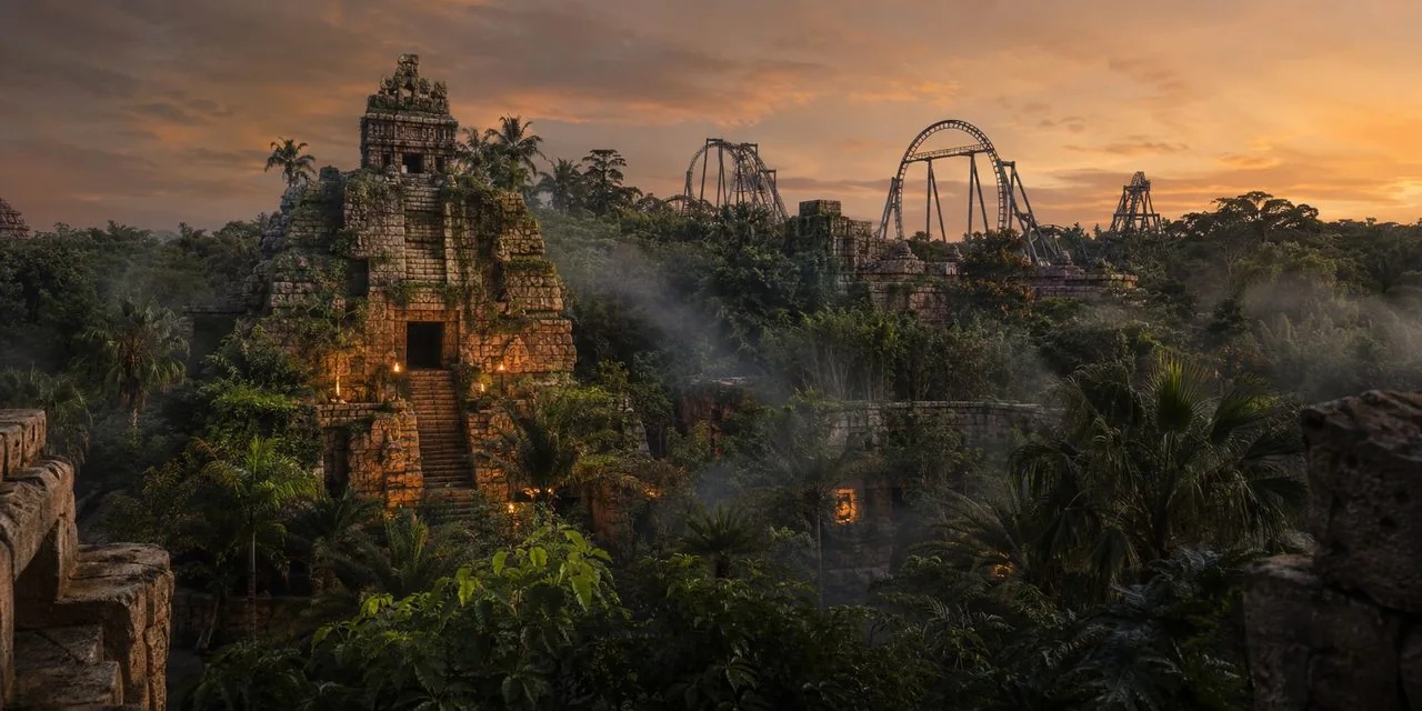 A Lost River Delta do Tokyo DisneySea com o templo maia e a montanha-russa Raging Spirits