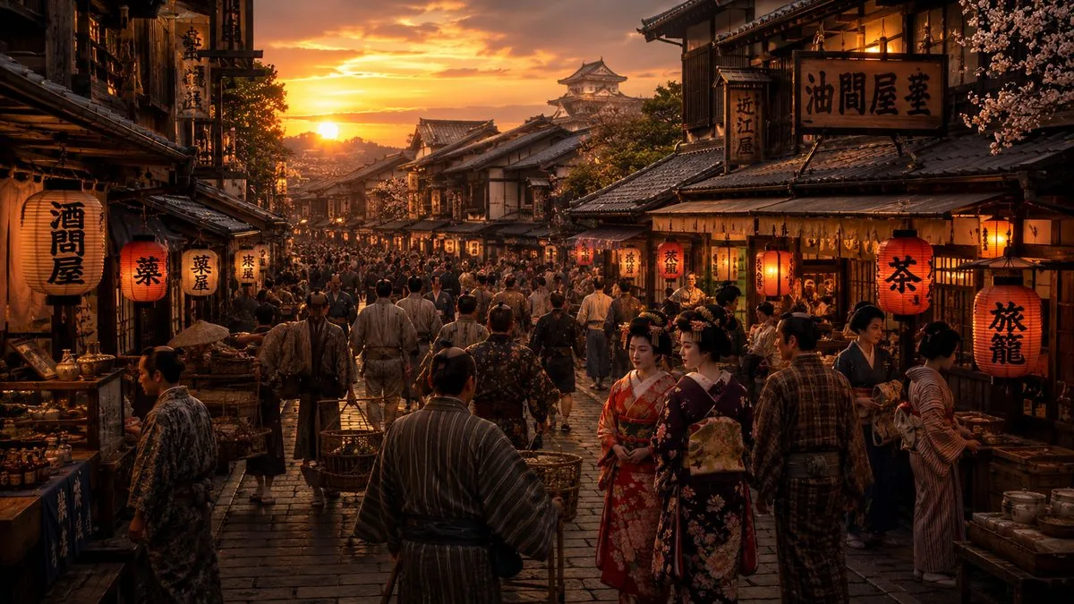 Ilustração de uma cena do período Edo, com gueixas e cultura tradicional
