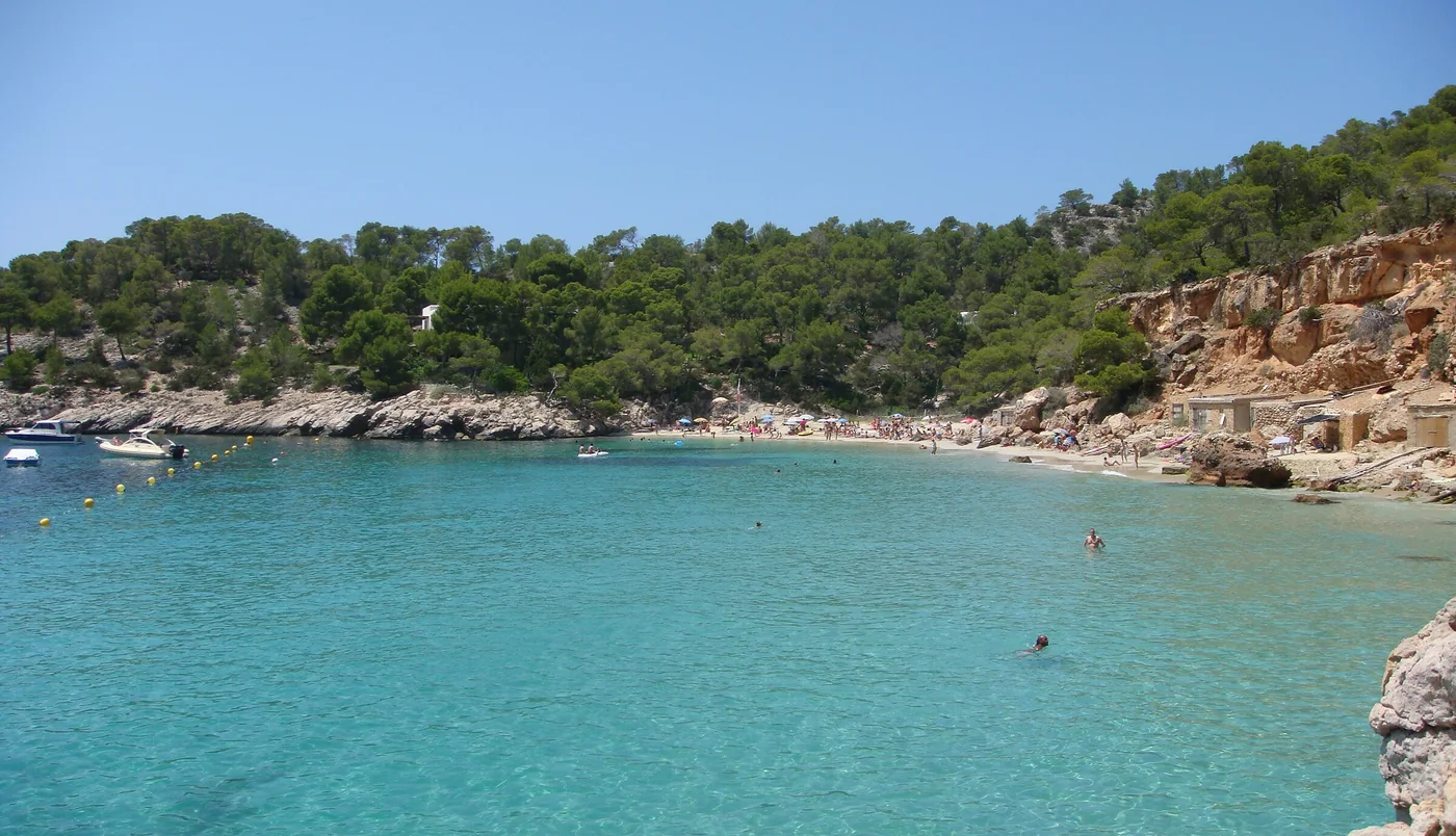 Cala de água turquesa cercada de pinheiros em Ibiza, nas Ilhas Baleares
