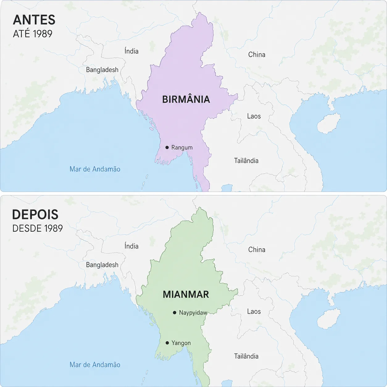 Mapa mostrando a Birmânia, atual Mianmar