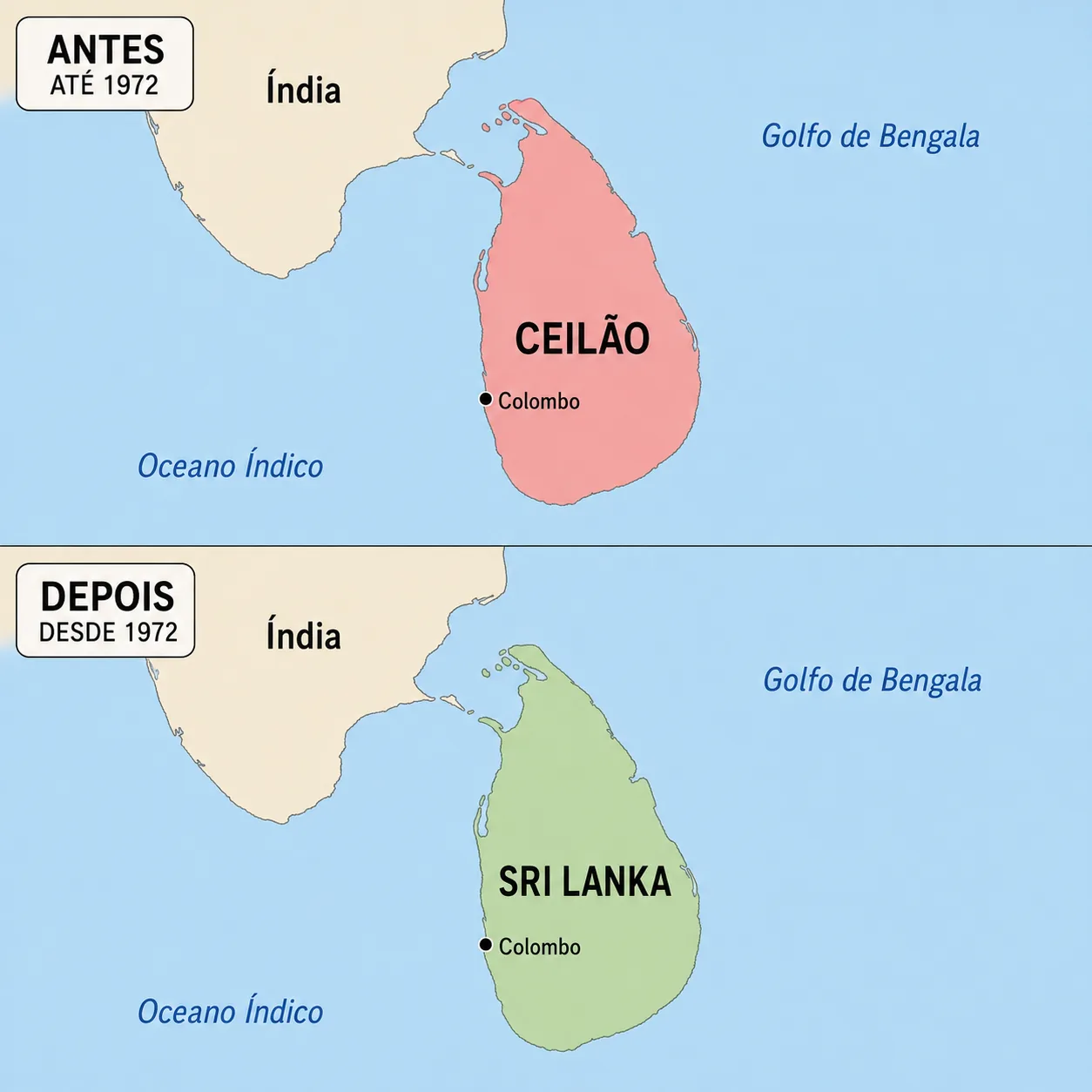 Mapa mostrando o Ceilão, atual Sri Lanka