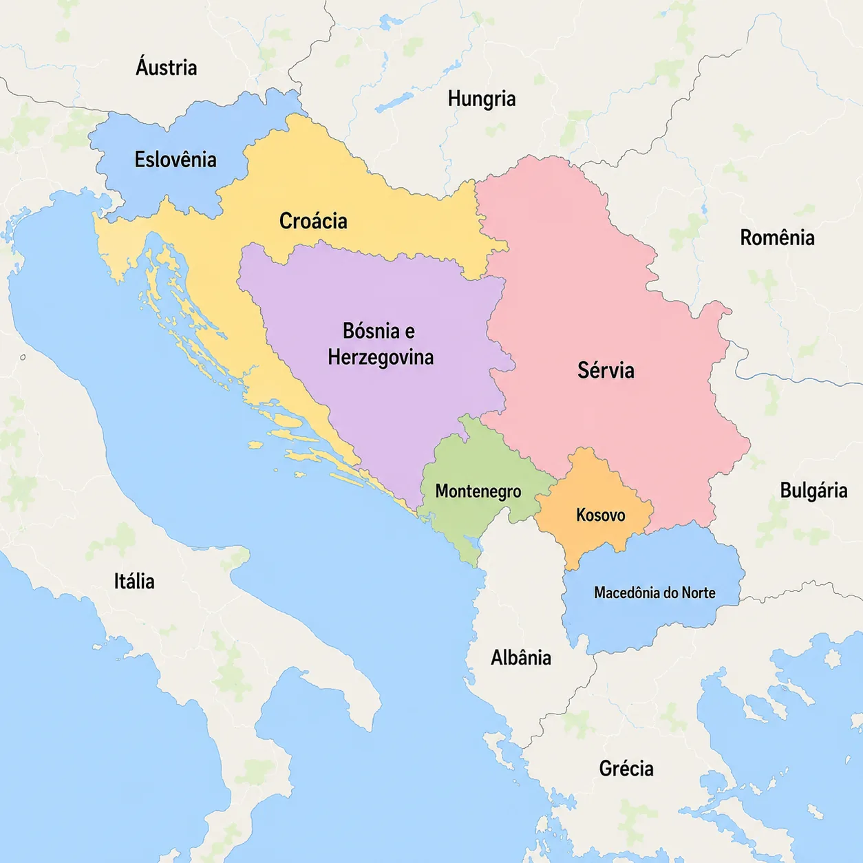 Mapa mostrando a antiga Iugoslávia dividida em vários países