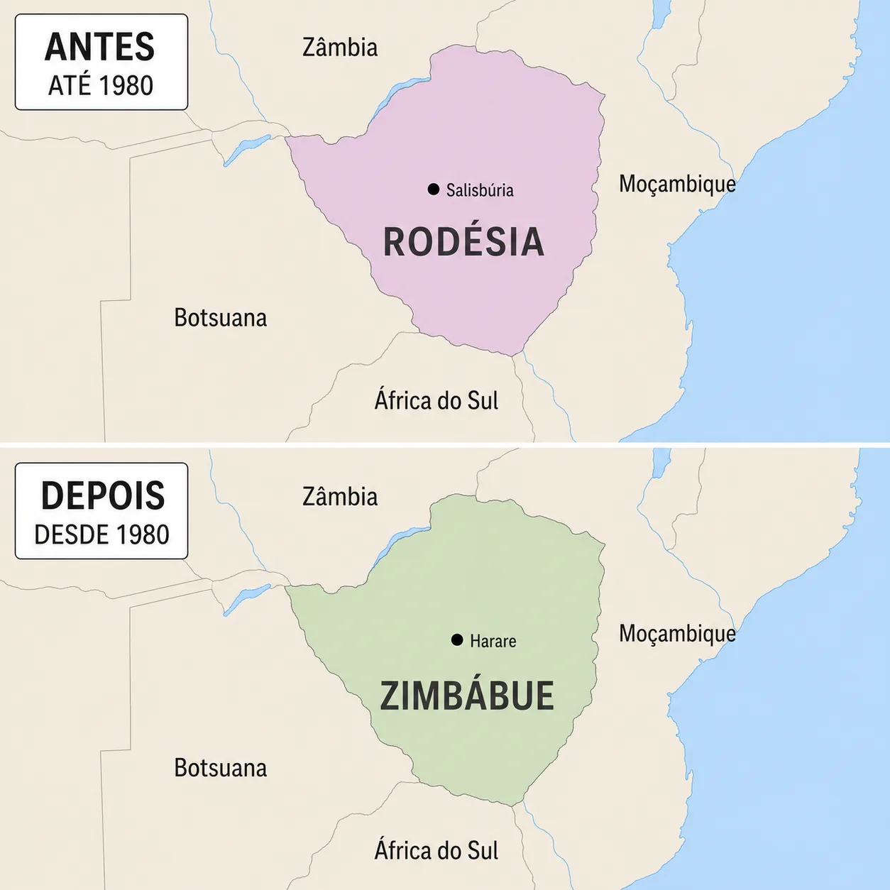 Mapa mostrando a Rodésia, atual Zimbábue
