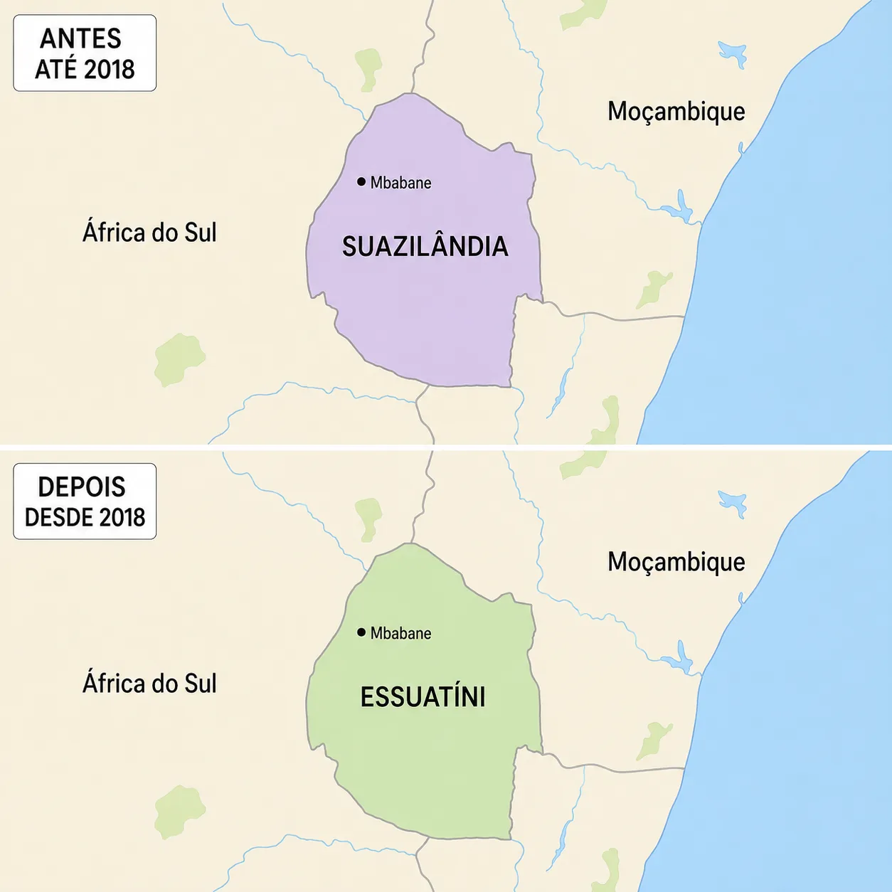 Mapa mostrando a Suazilândia, atual Essuatíni