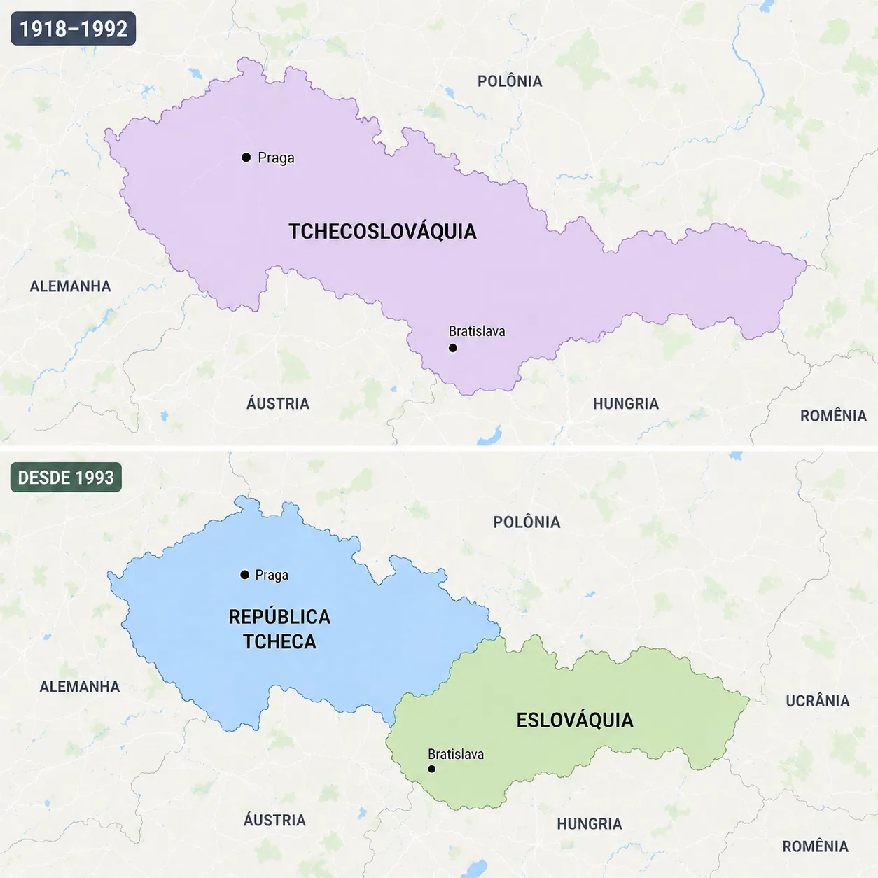 Mapa mostrando a antiga Tchecoslováquia dividida em Tchéquia e Eslováquia