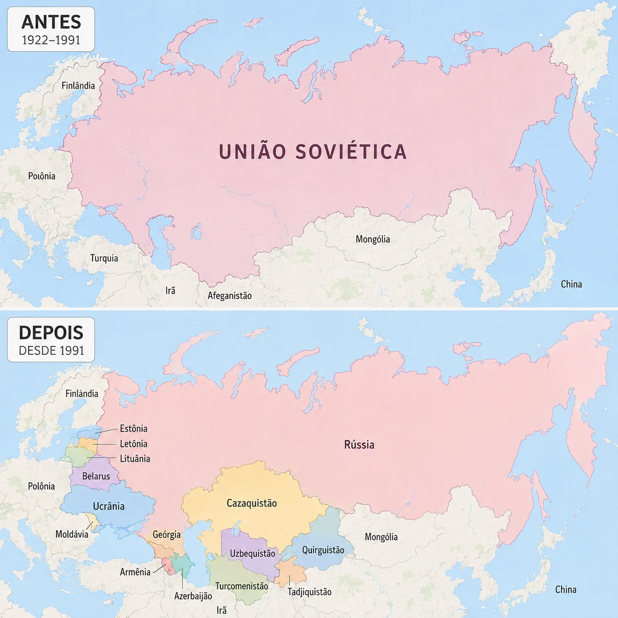 Mapa mostrando a antiga União Soviética dividida em quinze países
