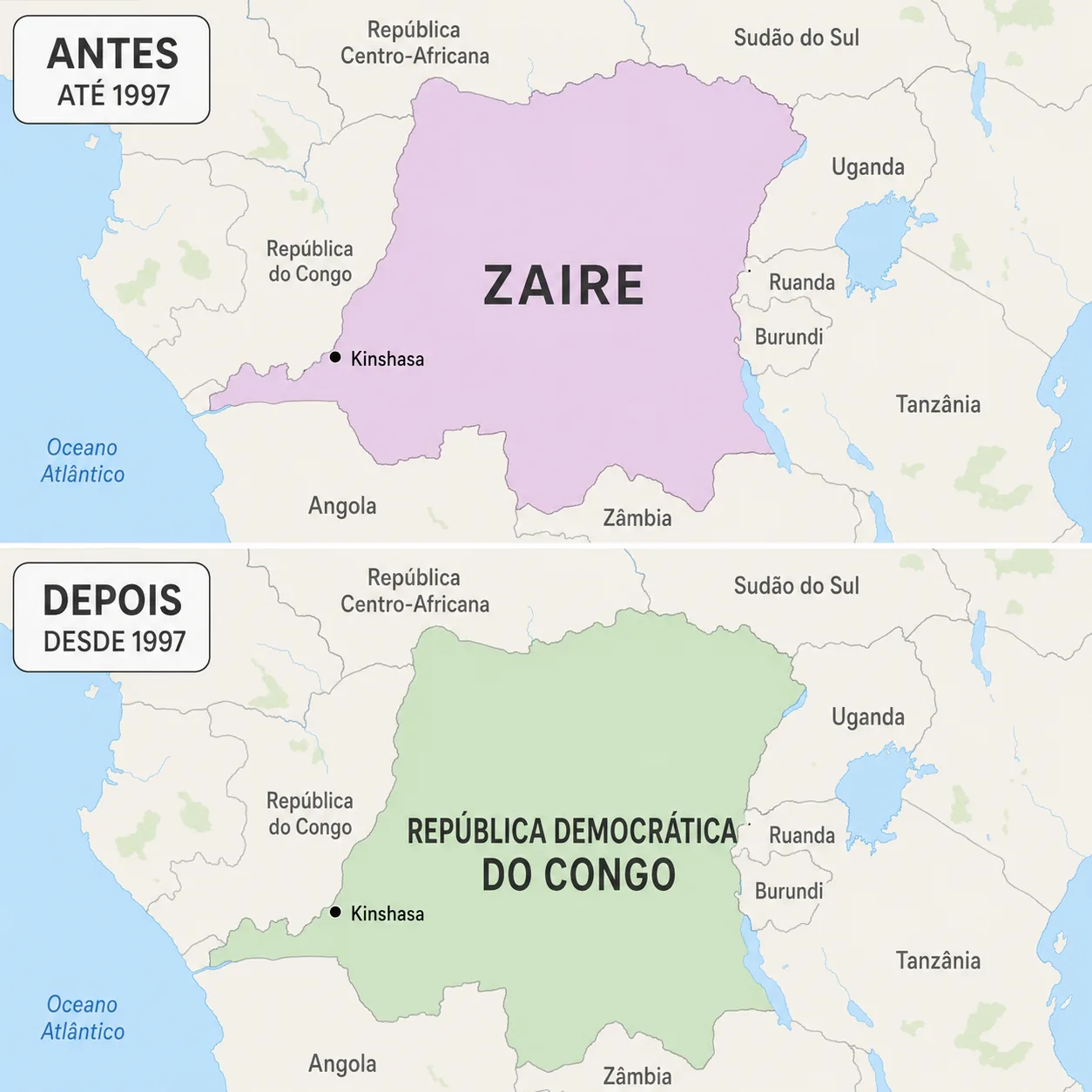 Mapa mostrando o Zaire, atual República Democrática do Congo