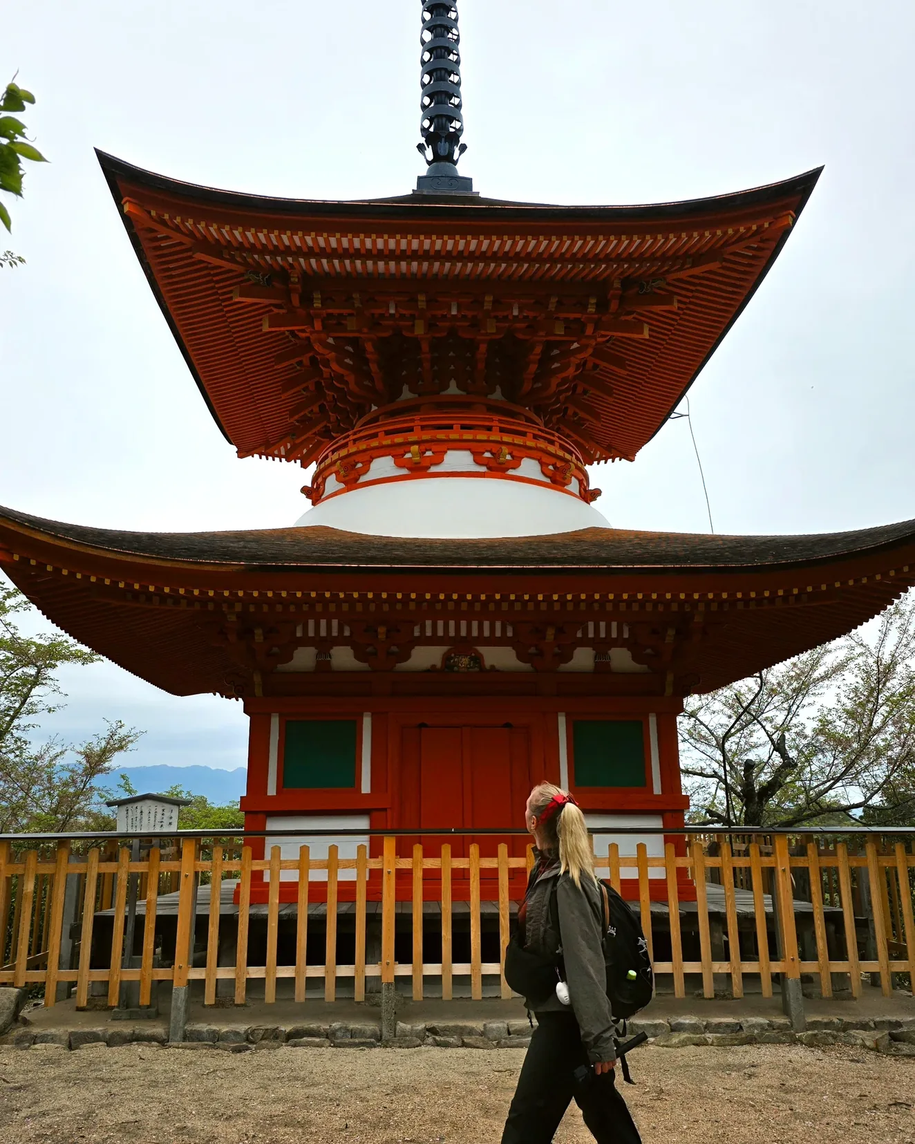 Bia caminhando em frente ao pagode vermelho de dois andares em Miyajima, no Japão
