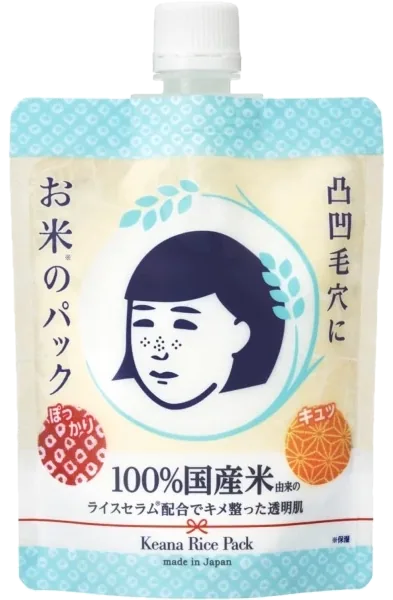 Embalagem da máscara de arroz Keana Nadeshiko, com o desenho de uma menina de franja