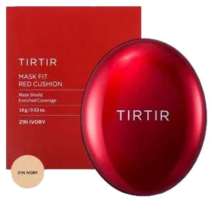 Estojo redondo vermelho da base TIRTIR Mask Fit Red Cushion ao lado da caixa